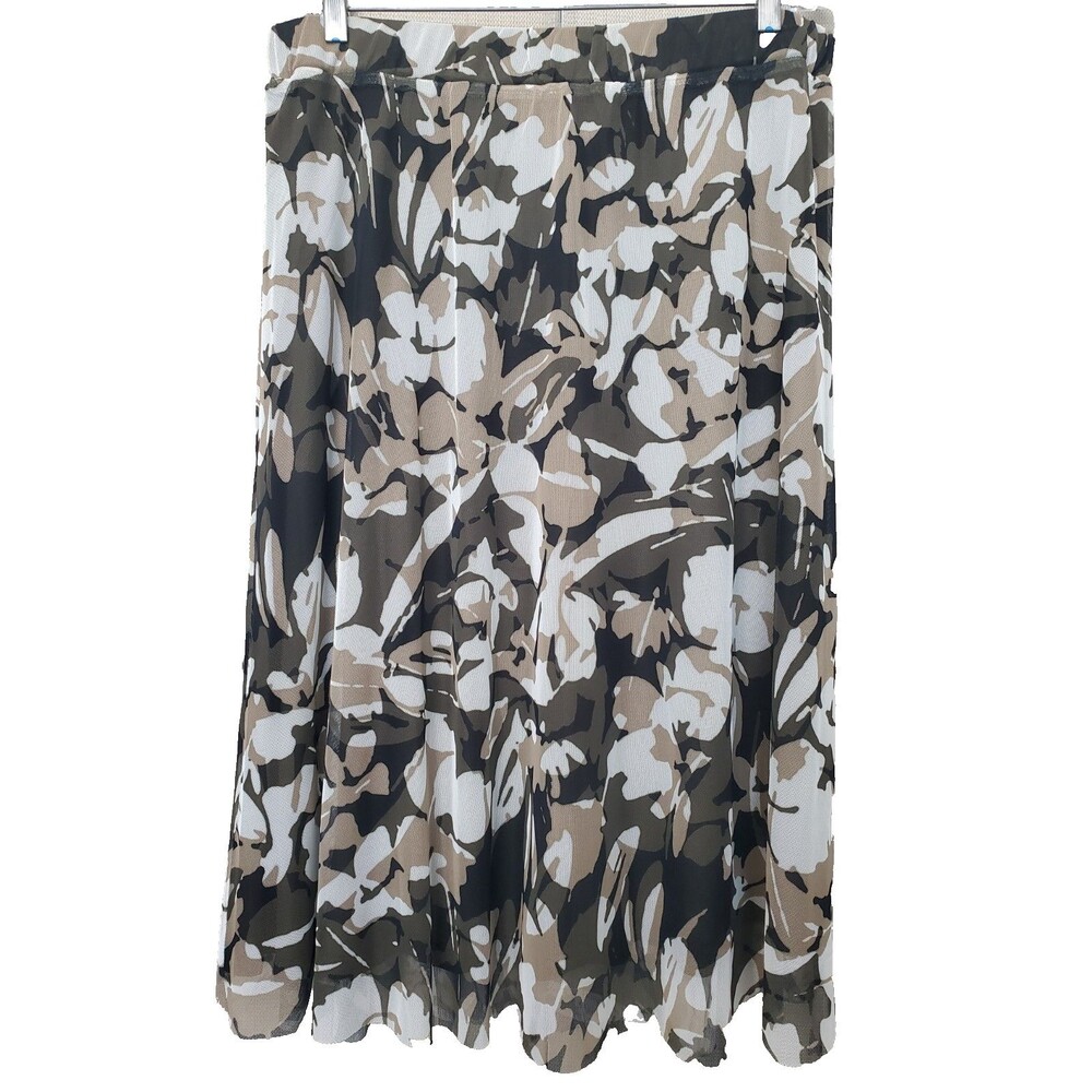 Chico's Camo-Floral Print Mesh Pull-On Lined Midi Skirt Size 2 Large